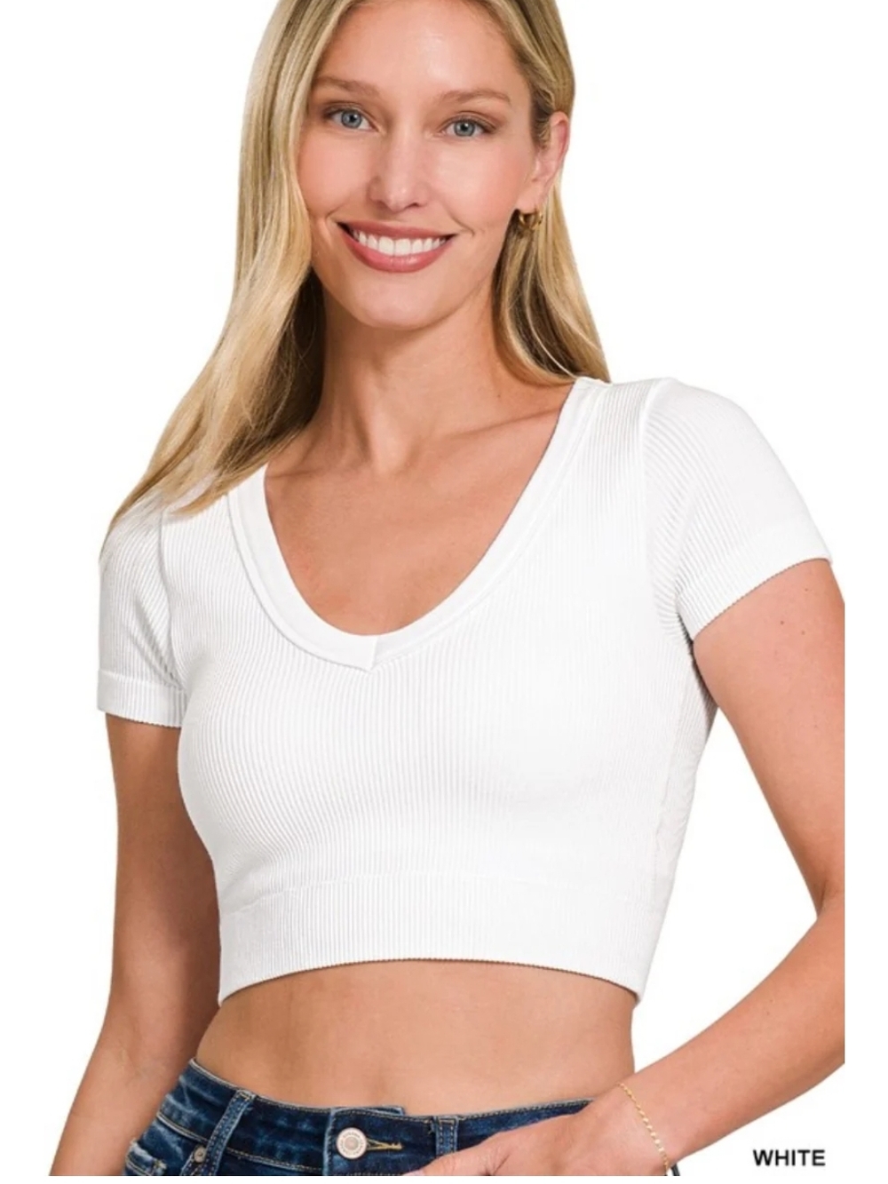 Zenana White Ribbed V-Neck Crop Top Short Sleeve Seamless 6356A Womens S/M-L/XL